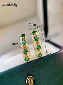 1 Pair Elegant Green & White Cubic Zirconia Inlaid Champagne Gold Plated Women's Earrings, Suitable For All Special Celebrations Throughout The Year, Enhancing Your Charm - Green - View 6
