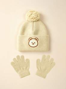 1set Bear Baby Pom-Pom Beanie White Hat Gloves Set, Cozy Knit Winter Warm Heart Cute Hat For Kids, Outdoor Accessory,Winter Baby Hat - Multicolor - View 8