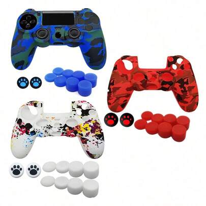 Kompatibel dengan PlayStation 4, 1 buah Skin Kontroler dengan Pola Cetak Transfer Air + 10 buah Tutup Joystick, Anti-Selip, Anti-Gores, Anti-Keringat, Meningkatkan Sensasi Kontrol Bermain Game