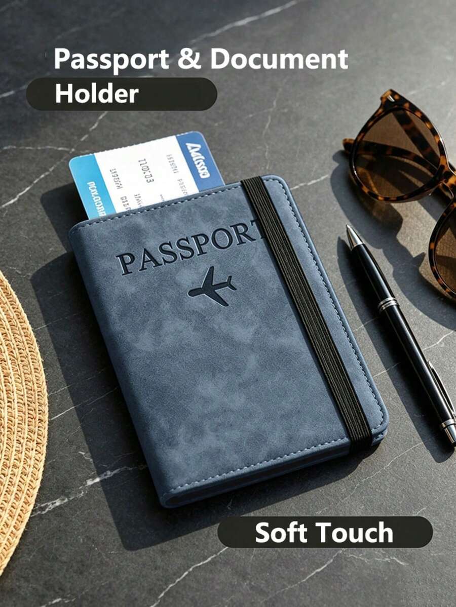 محفظة حامل جواز السفر بحماية RFID مع شريط مطاطي، فتحات متعددة للبطاقات وفتحة SIM، بطانية وثائق سفر خفيف الوزن للرحلات الجوية والعطلات