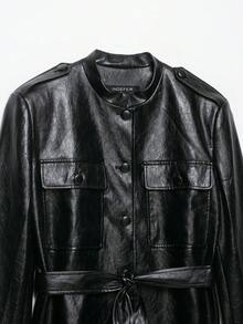 Seelio Autumn New Women's European & American Style Fashion Minimalist Versatile Leather Effect Jacket - Black - View 7