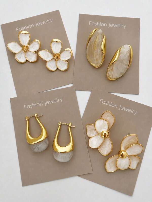 2/8pcs Fashion Minimalist Elegant Vintage Floral U-Shaped Asymmetrical Oil Drop Earrings Set For Women, Suitable For Vacation, Date, Party, Festival, Birthday Gift, Daily Wear (Random Card)