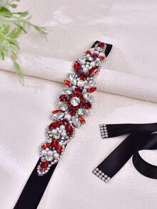 1pc Fashion Burgundy Rhinestone Applique Bridal Belt, Handmade Wedding Accessories, Versatile Evening Gown Decoration, Black Ribbon Halloween - Black - View 5
