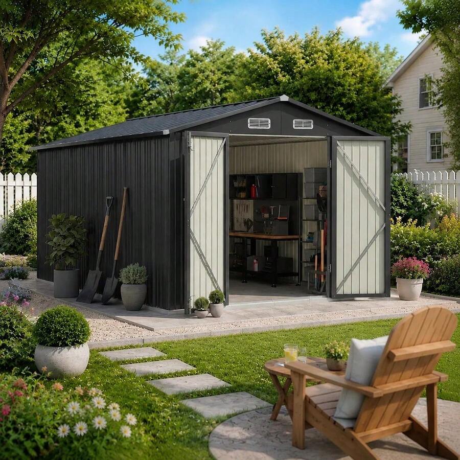 Cobertizo Metálico Para Jardín 238x364cm, Puertas Dobles Con Cerrojo Para Almacenamiento De Herramientas, Caseta Exterior Resistente Para Patio Trasero