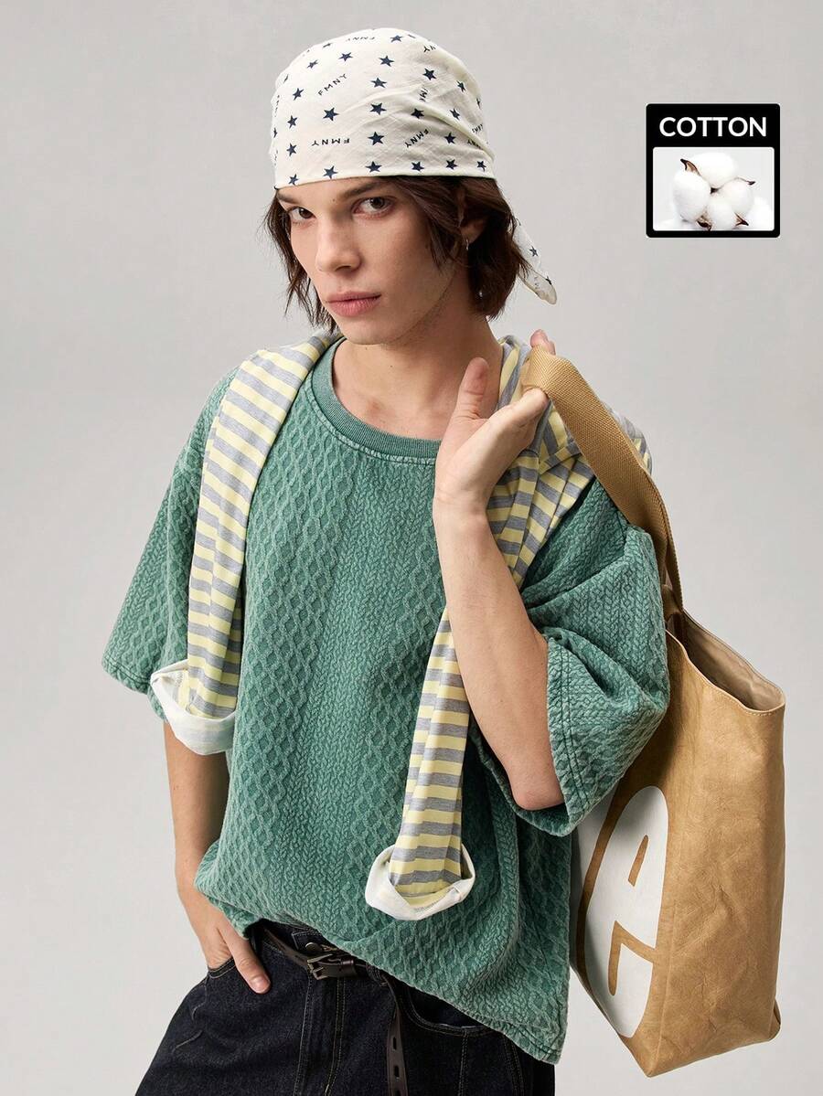 1pc Men's Green Summer Casual City Break Short Sleeve Tee,Textured Jacquard Fabric,Washed & Distressed Cotton T Shirt,Cropped Boxy Fit,Unisex Tops - Green - View 1