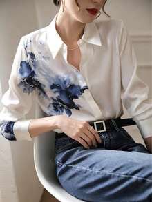 YUXIN Women's Elegant Printed Shirt, Collared Long Sleeve Button Front Regular Fit Polyester Blouse, Autumn Fashion - Blue and White - View 8