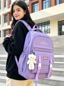 5-Piece Back To School Backpack Set, Classic Basic Style, Large Capacity Multi-Piece Set Backpack + Tote Bag + Crossbody Bag + Pencil Case + Coin Purse, With Laptop Compartment, Casual Fashion Multifunctional Backpack And Wallet - Purple - View 8