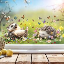 2D Flat Sticker, Hedgehog Paradise Butterfly Flower Pattern Decorative Window Decal, Easy To Remove, Convenient Installation, Suitable For Living Room Window Double-Sided Printing Use Scenario - Multicolor - View 5