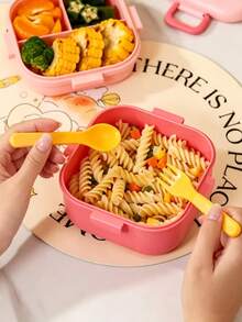 卡通分格兒童便當盒，便攜防漏零食午餐盒，學生學校野餐戶外食物收納盒 - 彩色 - 查看 4