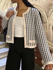 SEREN New Autumn/Winter Houndstooth Elegant Commuter Knit Cardigan, Fashionable Elegant Women's Long-Sleeve Sweater Jacket For Daily Wear - Multicolor - View 1