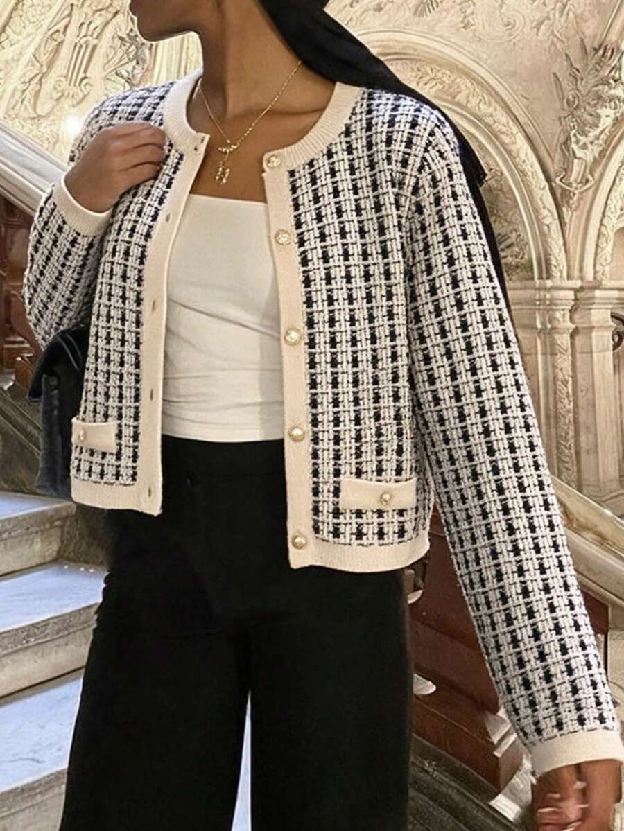 SEREN New Autumn/Winter Houndstooth Elegant Commuter Knit Cardigan, Fashionable Elegant Women's Long-Sleeve Sweater Jacket For Daily Wear - Multicolor - View 1