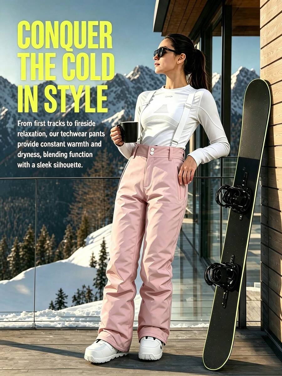 1pc Women's Loose Fit Winter Snowboard Pants, Sporty Style, With Detachable Suspenders Sports Pink - Pink - View 1