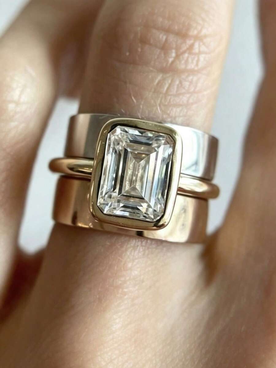 ZHIXUN 1pc Luxury Vintage Wide Band Women's Statement Ring, Inlaid With Synthetic Cubic Zirconia, Fashion Jewelry Accessory, Suitable For Banquets And Parties - Ring - View 1
