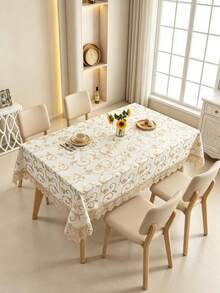 HXARTMIS 1pc Luxury High-End Embroidered Bordered Rectangular Tablecloth, Golden Floral Embroidery Design, Washable, Suitable For Dining Room, Wedding, Party And Daily Home Decor - milk coffee color - View 7