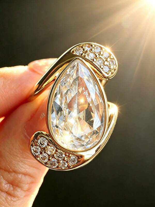 1 Peça Anel de Diamante de Luxo Banhado a Ouro 18K 7ct, Design Curvo Vintage, Anel de Diamante em Formato de Pera Grande, Adequado para Mulheres e Meninas para Feriados, Festas, Uso Diário, Presente de Joias