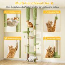 Cat Tree, Height Adjustable From **" To **", Multi-Functional Cat Climbing Tower, With Cat Hammock, Scratching Posts, Dangling Balls, Climbing Platforms, Rubbing Post, Feeding Area, Green - Green - View 6