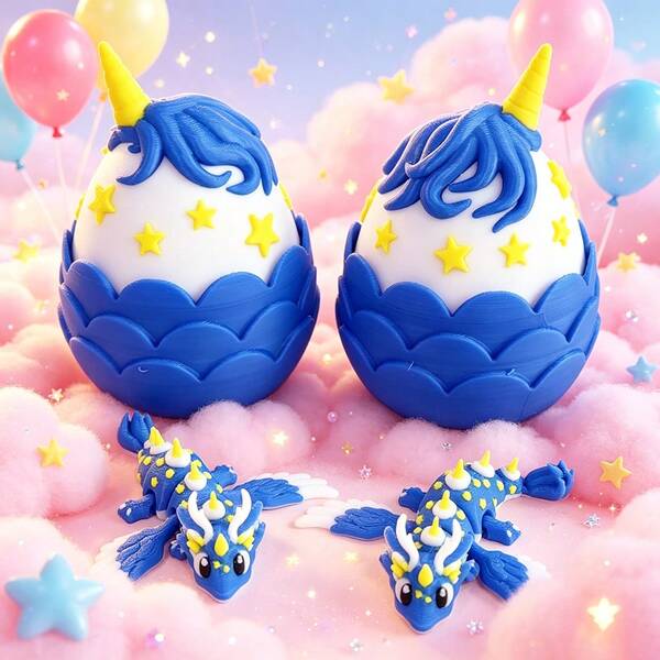 Cute 3D Printed Unicorn Dragon + Dragon Egg Model Set Plastic Toy Figurine Desktop Decor Sculpture Ornament Holiday Gift