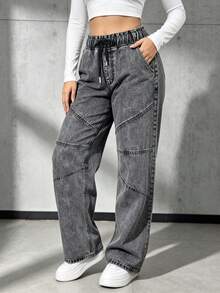 Pantalones vaqueros de piernas anchas para mujeres, pantalones ajustados con cinturón de cuerda, versión de piernas anchas, adecuados para el día a día, turismo, uso en casa - Gris - Ver 2