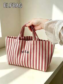 Casual Minimalist Letter Canvas Tote Bag, Striped Solid Color Handbag, High Cost-Effective Fashion Versatile Tote Bag Suitable For Moms, Students, Office Workers - Red - View 6
