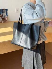 2026新款咖啡色麂皮大容量女款單肩包 通勤包 日常出行百搭腋下包附小包 - 黑色 - 查看 3