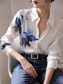 YUXIN Women's Elegant Printed Shirt, Collared Long Sleeve Button Front Regular Fit Polyester Blouse, Autumn Fashion - Blue and White - View 7