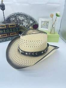 Men's Western Style Straw Cowboy Hat, Outdoor UV Protection Sun Hat, Breathable Woven Summer Hat - Multicolor - View 16