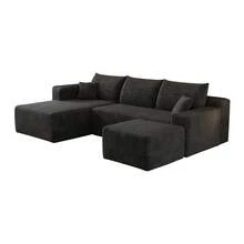 L Shape Sofa Black Fabric 241cm For Living Room - 黑色 4 座 - 查看 9