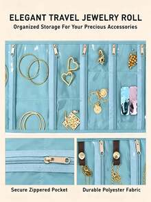 Tas Organizer Perhiasan Gulung Multi-Kompartemen dengan Penutup Jepit, Cocok untuk Kalung, Gelang, dan Cincin, Penting untuk di Rumah atau Saat Bepergian - MultiWarna - View 9