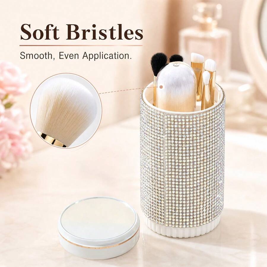 Set Kuas Makeup Lengkap Bertabur Berlian Imitasi, Set Kuas 6-in-1 Kreatif dengan Hiasan Berlian, Kuas Bedak dan Kuas Eyeshadow Ultra Lembut, Alat Makeup, Set Perjalanan Portabel dengan Cermin Terintegrasi - MultiWarna - View 1