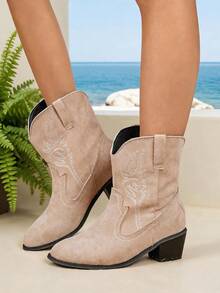 Fall/Winter 2025 Women's Retro Embroidered Mid-Calf Boots, Mid-Heel Pointed Toe Western Boots, Women's Faux Leather Riding Boots,Cowboy Boots - Khaki - View 6