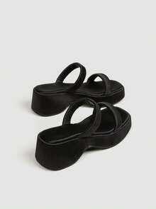 Women's Black Satin Double Strap Thick Sole Wedge Sandals, Square Toe Open Toe Slip-On Summer Casual Slides - Black - View 4