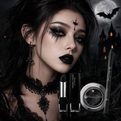 YOUNG VISION 3pcs Halloween Gothic Makeup Set: Black Matte Eyeliner Pencil & Black Matte Moisturizing Lipstick & Pearlescent Shimmer Eyeshadow Liquid Face Makeup Set
