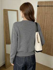 Women's Solid Color Round Neck Single-Breasted Knit Cardigan, Versatile Long Sleeve Top For Autumn/Winter - Grey - View 6