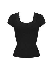 NOIRLYN 女款 T-shirt 夏季 Y2K 性感蕾絲拼接休閒方領短袖上衣 黑色 - 黑色 - 查看 10