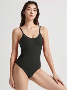 Mystèrelle 1件女款無縫塑身連體衣，丁字褲底，顯瘦塑身連體衣，收腹，塑身衣，束腰 - 黑色 - 查看 2