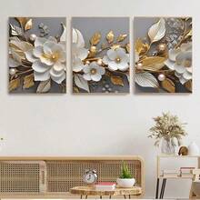 3pcs/Set Painting, White And Gold Flower Design, High Quality Printing, Canvas Poster, Home Decor, Gift, Unframed - Floral - View 2