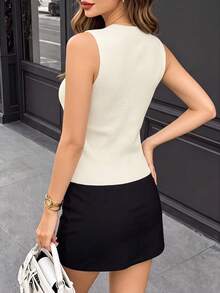 DONICY Women's Cream Mini Polo Collar Single Button Ribbed Slim Cropped Knit Sweater Cardigan, Simple Office Layering Top For Spring Fall Daily Wear - Apricot - View 2