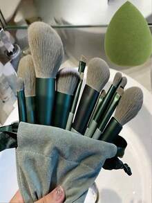 14pcs Makeup Brush Set, Includes 13 Individual Makeup Brushes, Suitable For Blush, Liquid Lipstick, Eyebrow Pencil, Lip Gloss, Concealer, Eyeshadow, Highlighter, Contour, Foundation And Base, Perfect Gift For Girls. - Green - View 2