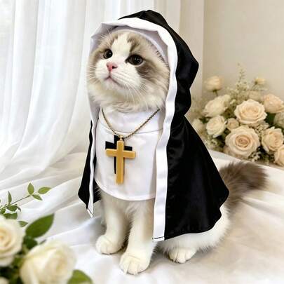 Pet Cosplay Costume With Cross Necklace And Shawl Dress, Church Style Funny Cosplay/Holiday Celebration, Pet Halloween Cat Dog Outfit, Christmas Funny Dress-Up Costume, Unique Pet Spring/Summer New Style Pet Clothing, Exquisite Embroidered Cross Costume Set