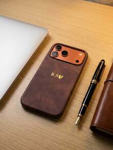 個性化客製化字母姓名手機殼，適用於 iPhone 17 16 15 14 13 Pro Max Plus Air，3D 雕刻浮雕豪華荔枝紋 PU 皮革保護殼，理想禮物 - 棕色 - 查看 3