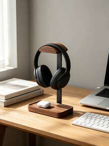 Minimalist Wooden Headphone Stand, Dual Storage Desktop Headphone Organizer, Suitable For Earbuds And Headphones, Minimalist Home Office Decor Desktop Rack - Brown - View 6