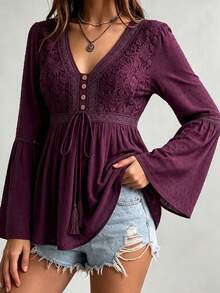 Rusttydustty Women's Bohemian Style Lace Patchwork Bell Sleeve Waist Tie Top In Plum, Suitable For Autumn, Halloween - Purple - View 5