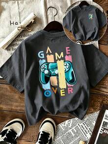 男童「Game Over」遊戲手把圖案寬鬆T恤，兒童電競街頭風夏季上衣 - 深灰色 - 查看 2