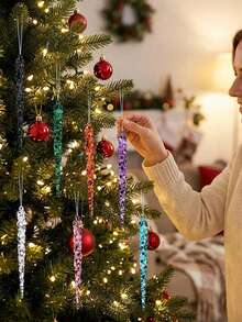 12pcs Clear Acrylic Icicle Hanging Ornaments With String - Rustic Christmas Tree Decor, Hanging Prism Lights, Suitable For Holiday Home Decoration, Tree Ornaments, Holiday Lighting, Theme Party Decor, Christmas Decoration - Multicolor - View 5