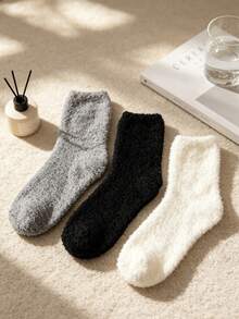 3 Pairs Women's Coral Fleece Mid-Calf Socks, Thickened Fleece Lined Home Sleep Socks, Soft Fluffy Warm Floor Socks, Black White Grey Solid Color Minimalist Half-Fleece Maternity Socks, Dorm Home Non-Slip Warm Feet Socks, Winter Cold-Proof Skin-Friendly Fuzzy Socks - Multicolor - View 1