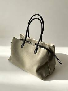 Vintage Premium Thick Canvas Tote Bag, Niche Color Block Commuter Handbag, Casual Versatile Large Capacity Shoulder Bag For Women - Green - View 2