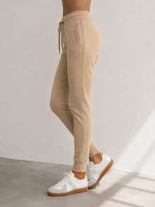 Sweatpants, Elastic Waistband With Drawstrings, Mid-Rise, 2 Pockets, Tapered Legs With Drawstrings, Basic - Beige - View 2