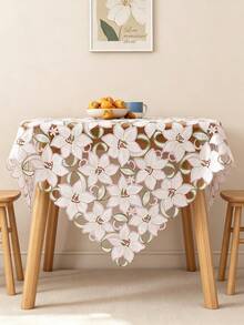 HXARTMIS 1pc Pink Floral Embroidered Hollow Tablecloth, Square Decorative Table Cover, Vintage Style Dining Table Home Decor, Suitable For Daily Home Decoration - Pink - View 2