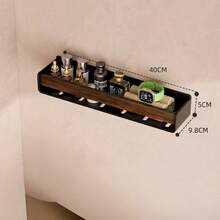 1pc Walnut Wood Detachable Wall-Mounted Storage Shelf, Drill-Free And Drill-Compatible Hollow Drainage Tray, Bathroom Entryway Skincare Wall Organizer - Multicolor - View 5