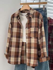 Women's Autumn/Winter Brushed Plaid Button-Front Pocket Casual Shirt - Mocha Brown - View 6